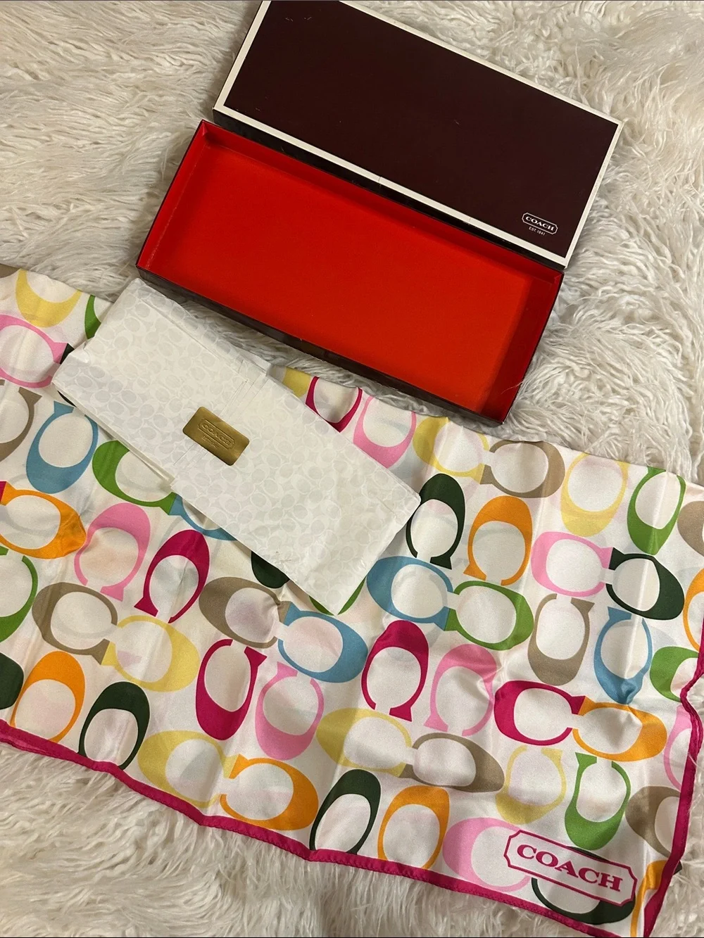 Vintage Coach Multicolor Signature Print Silk Scarf with Pink Trim new in box
